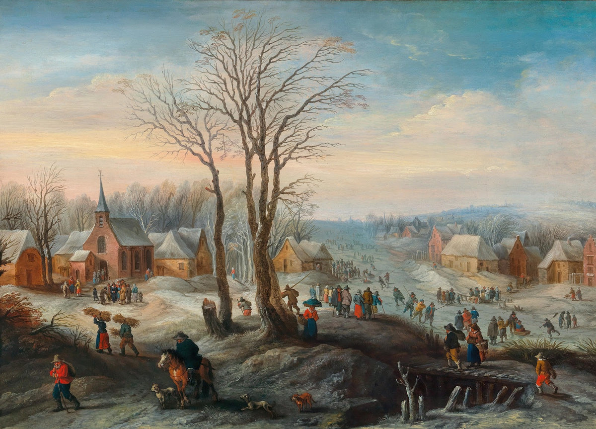 A winter landscape with numerous figures in a village