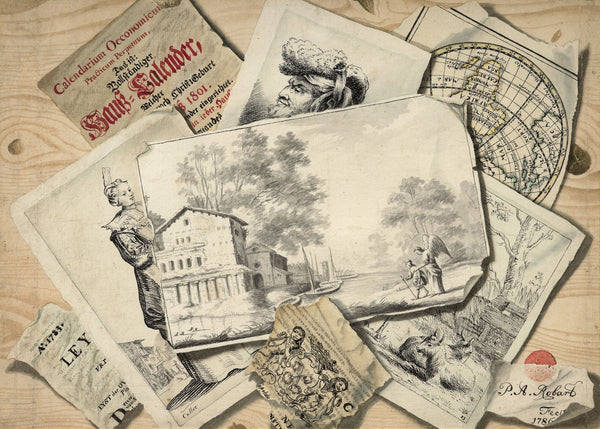 Trompe lœil of a drawing figuring Tobias and the Angel and of etchings 1786