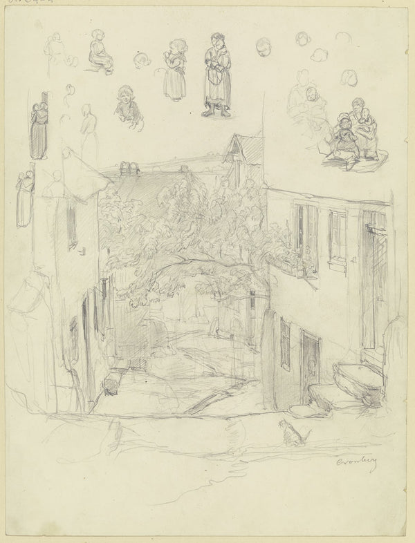 Studienblatt Ansicht einer Straße in Kronberg oben verschiedene Figurenstudien