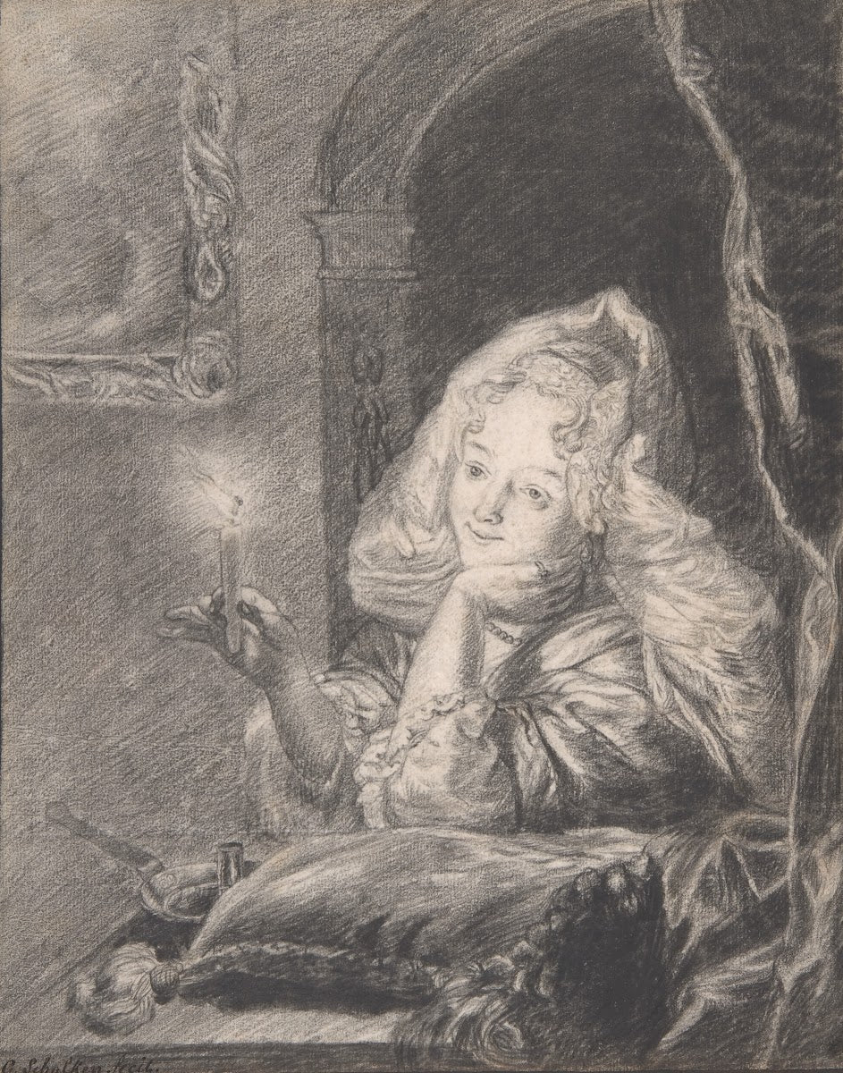 Young Woman Seated at a Table Holding a Candle late 17th century