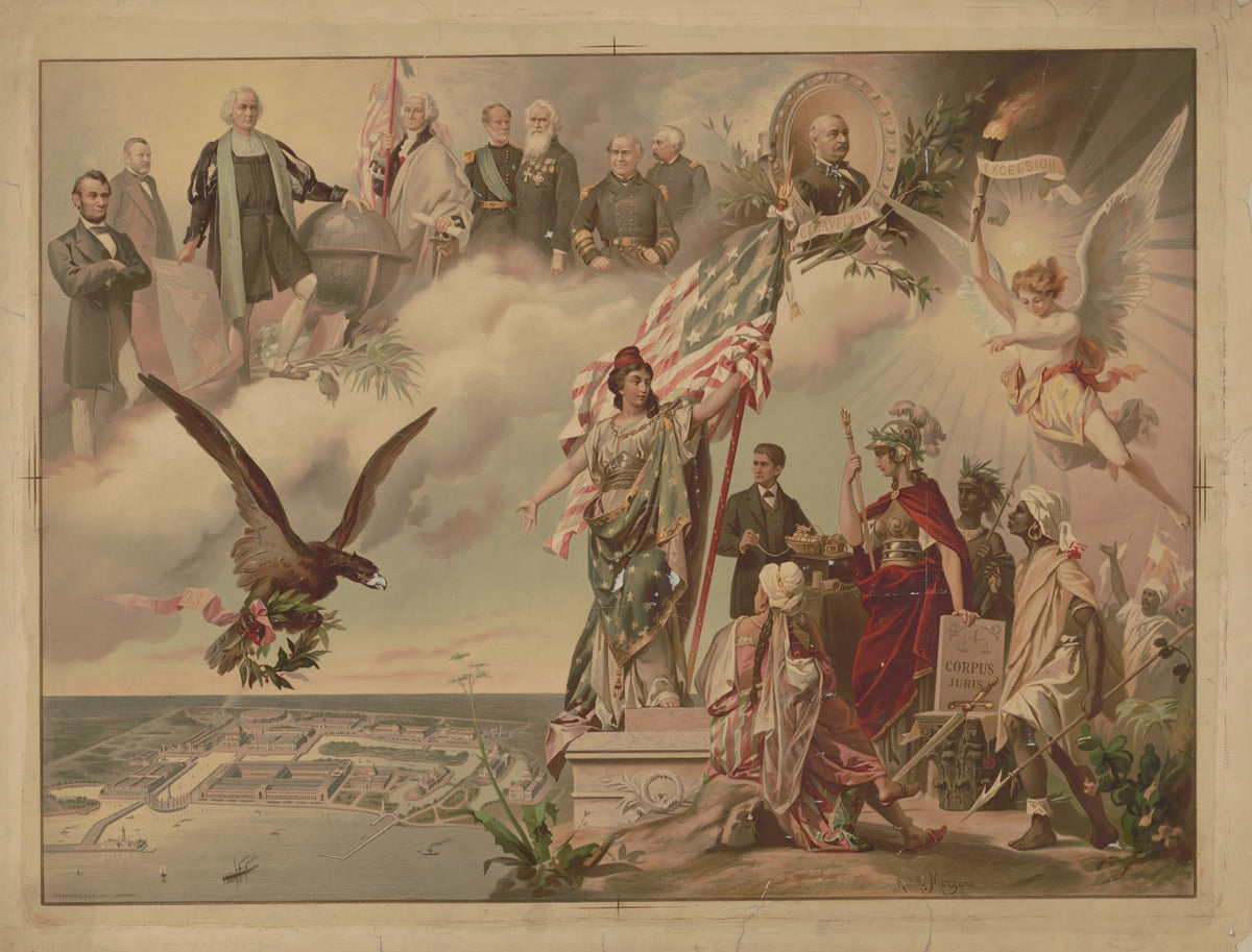 Depiction of Chicago Worlds Fair in lower left allegorical figures on the right
