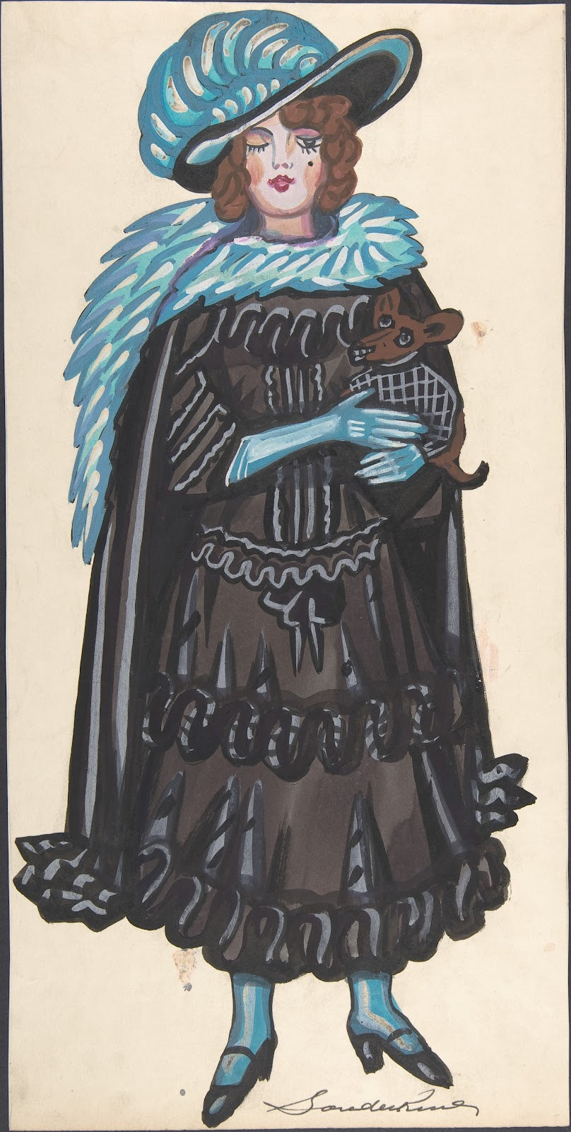 Woman in a black dress and blue boa holding a dog