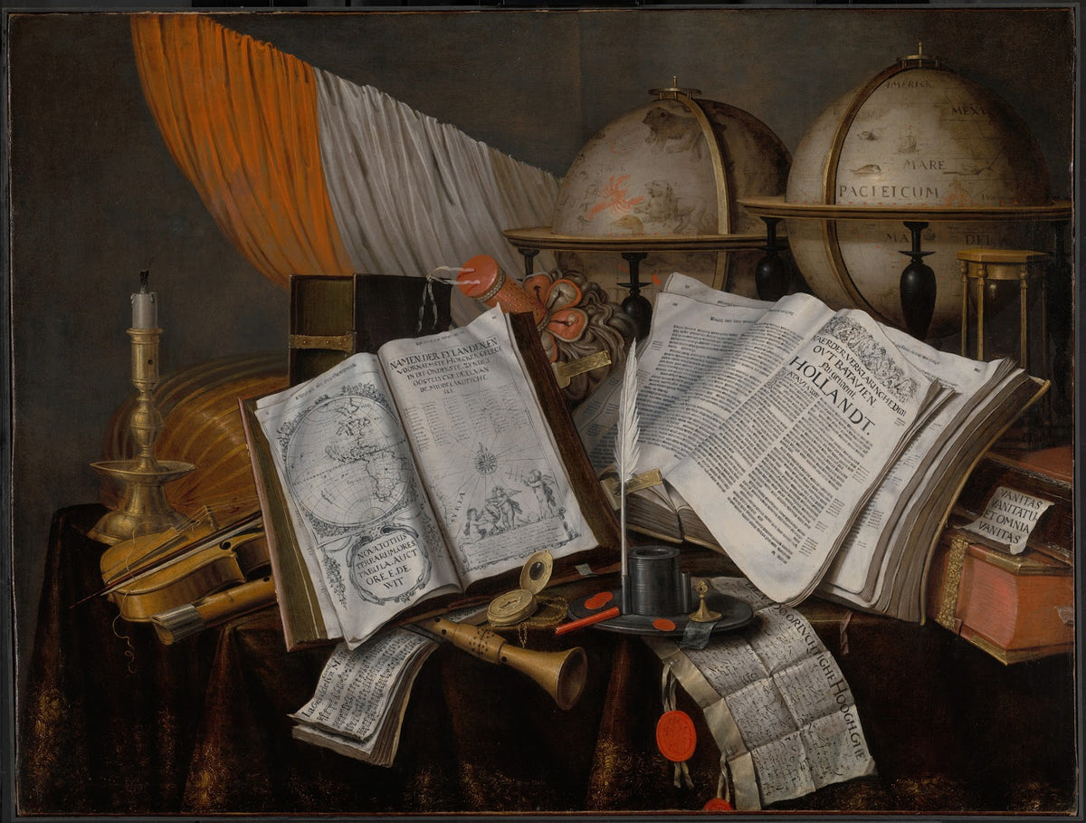 A Vanitas Still Life with a Flag Candlestick Musical Instruments Books Writing P