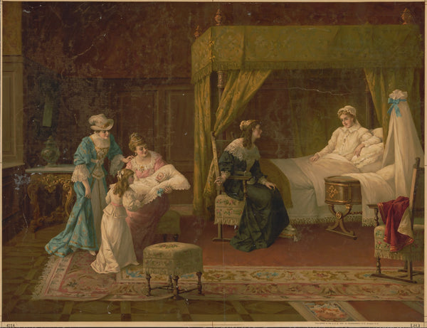 Women admiring new baby while mother rests in bed 1914