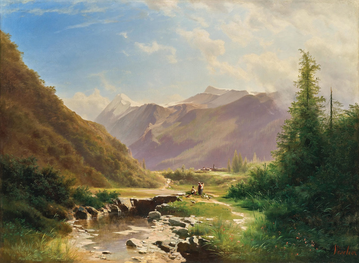Shepherds Resting in a Vast Mountain Landscape