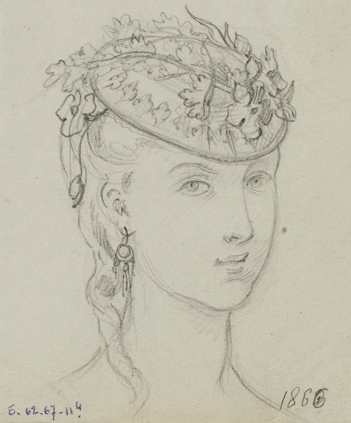 Tête féminine avec coiffe fleurie 1866
