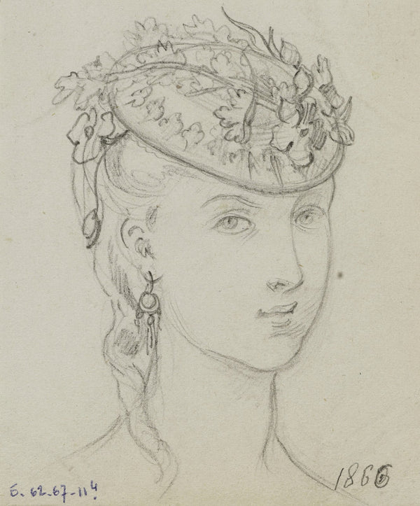 Tête féminine avec coiffe fleurie 1866