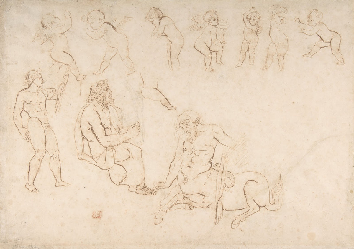 Standing nude athlete seated man with a lyre centaur and seven putti three with