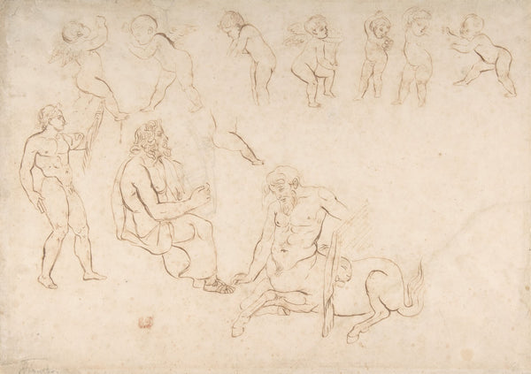 Standing nude athlete seated man with a lyre centaur and seven putti three with