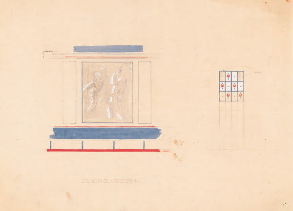 Design for unidentified restaurant interior in blue and vermillion with mural fe