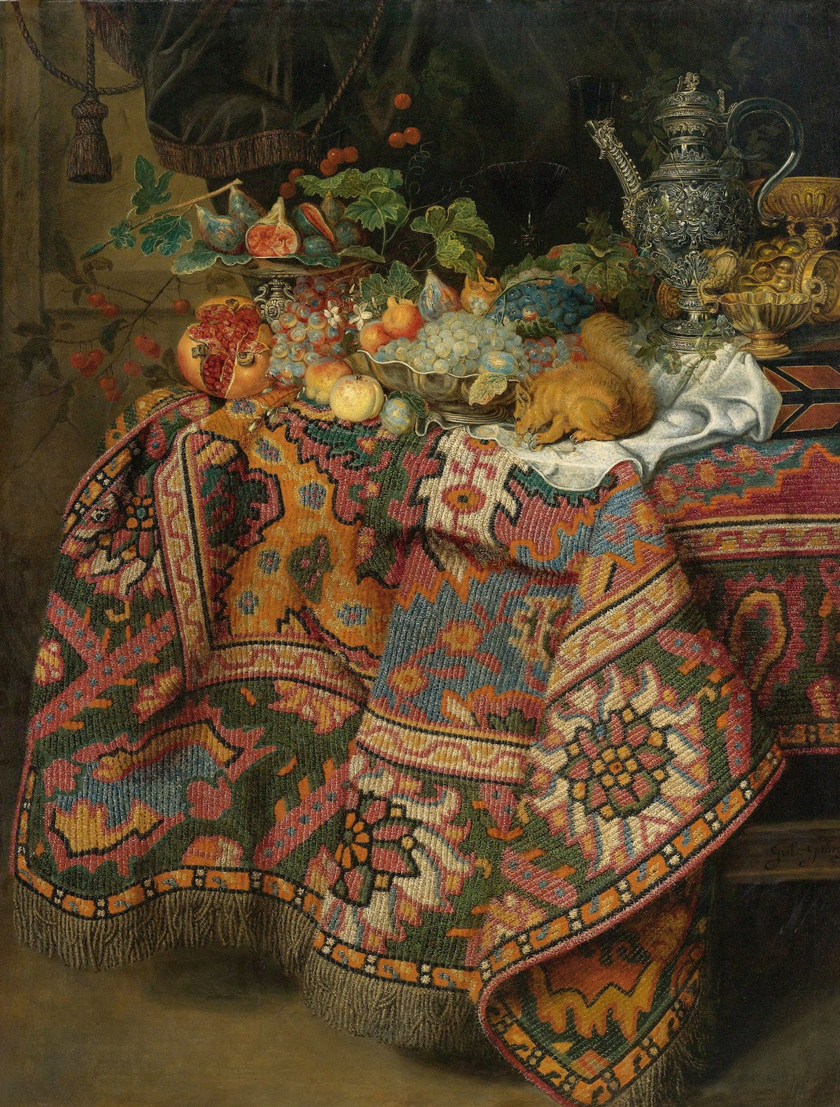 Still Life With Fruit Gold And Silver Vessels And A Squirrel All On A Table Cove
