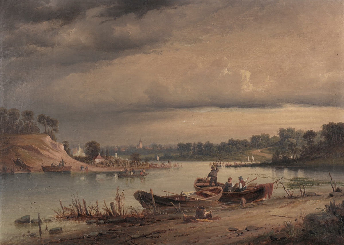 Flussufer mit Fischern Am Stettiner Haff 1885