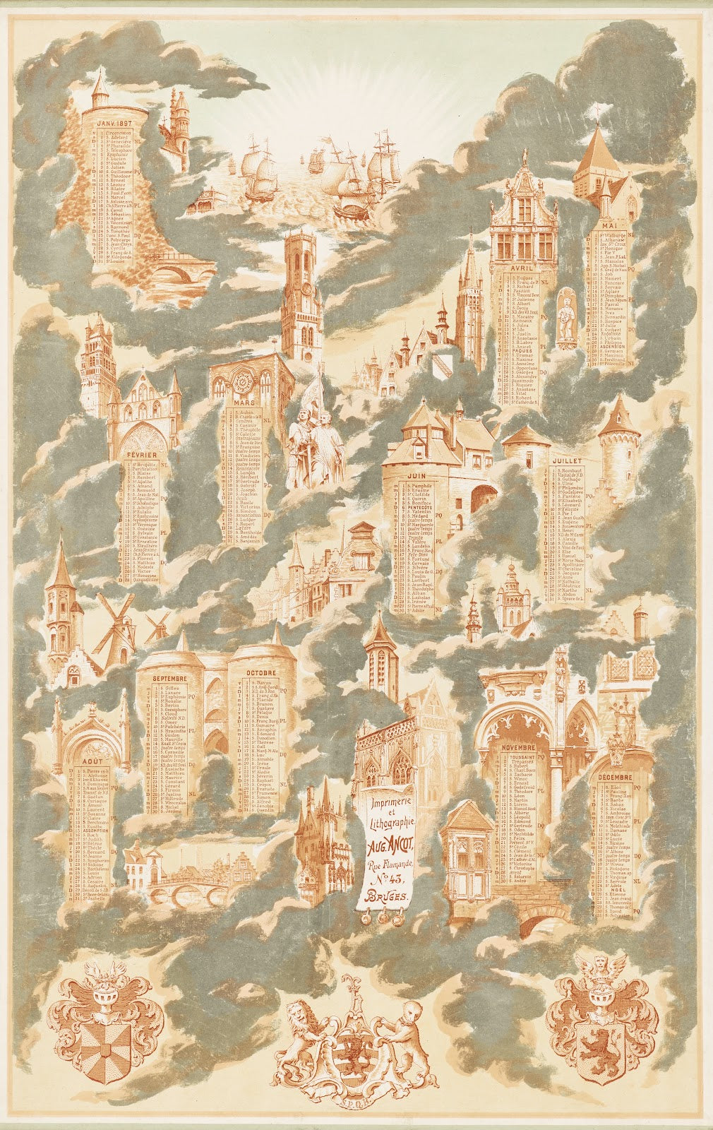 Calendar for 1897 with the Saints Days Surrounded by Landmarks from Bruges 1897