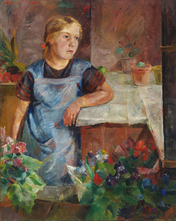 Fra en blomsterhandler med en pige spejdende ud ad vinduet