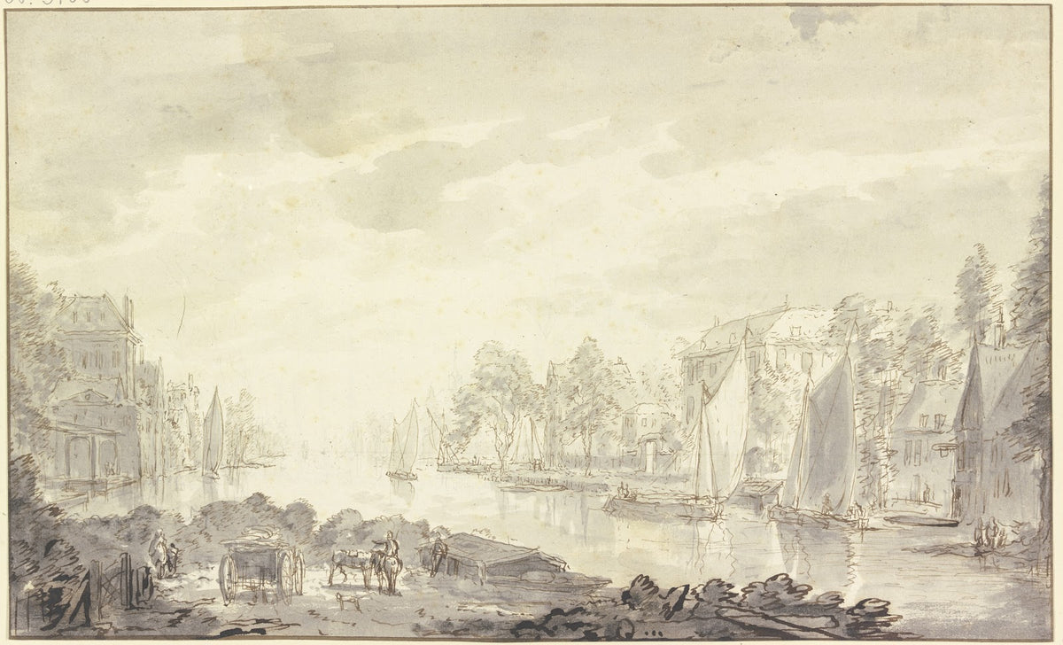 Stadtansicht am Fluss vorne ein Wagen und Pferde