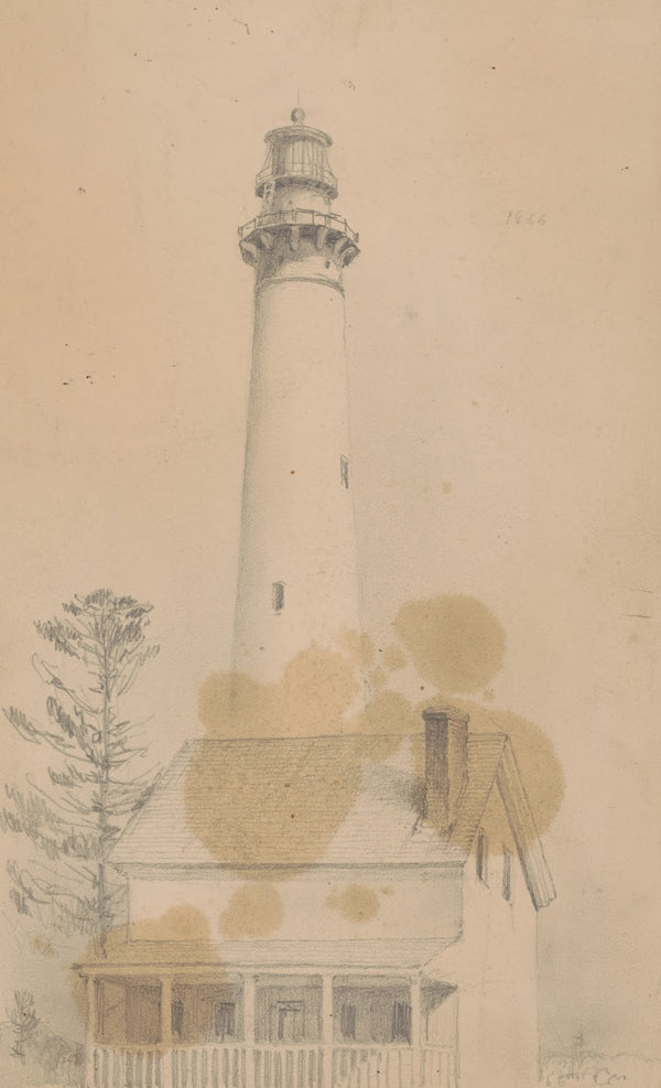 Lighthouse above small house 1866