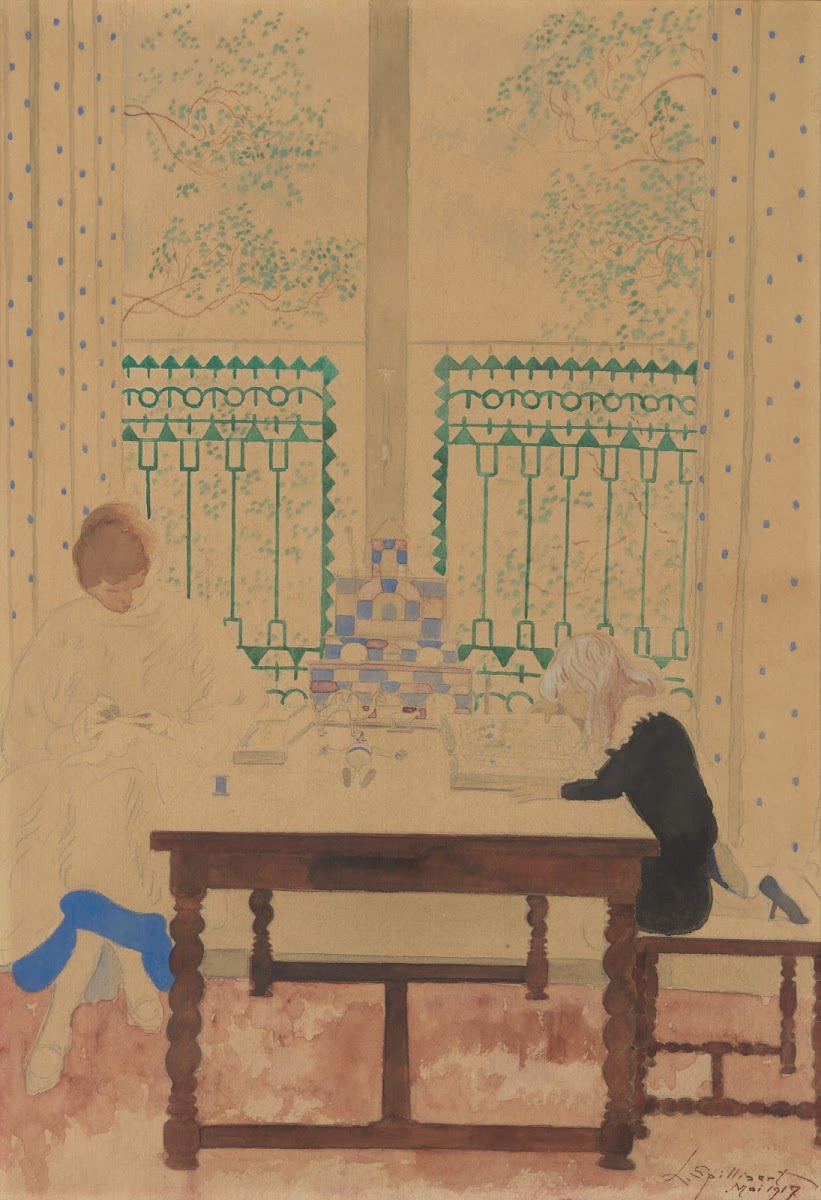 Vrouw met kind lezend aan tafel 1917