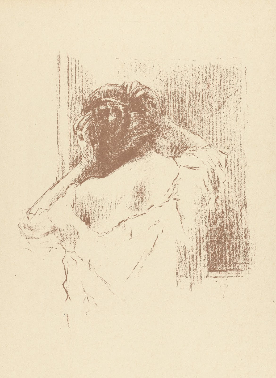 Woman in front of mirror puts her hair up 1893 1895