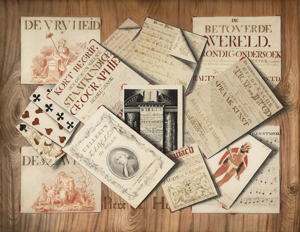 Trompe lœil of a frontispiece of the Bible scores and playing cards