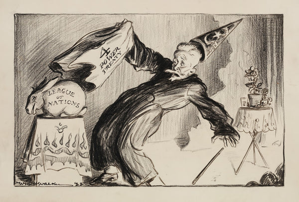 A magician pulls away a cloth representing the 4 Power Treaty and reveals a rabb