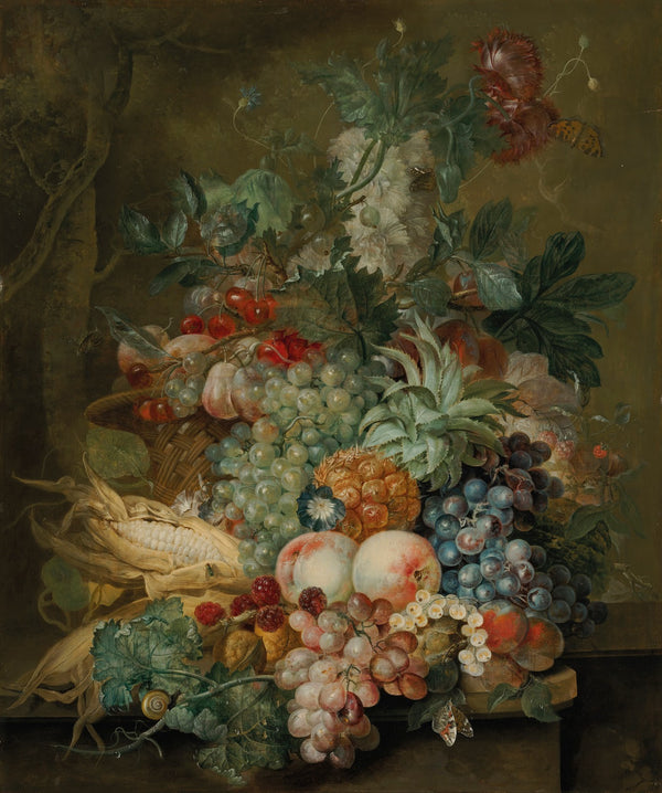 Grapes peaches sweetcorn a pineapple poppies and other fruit and flowers in a wi