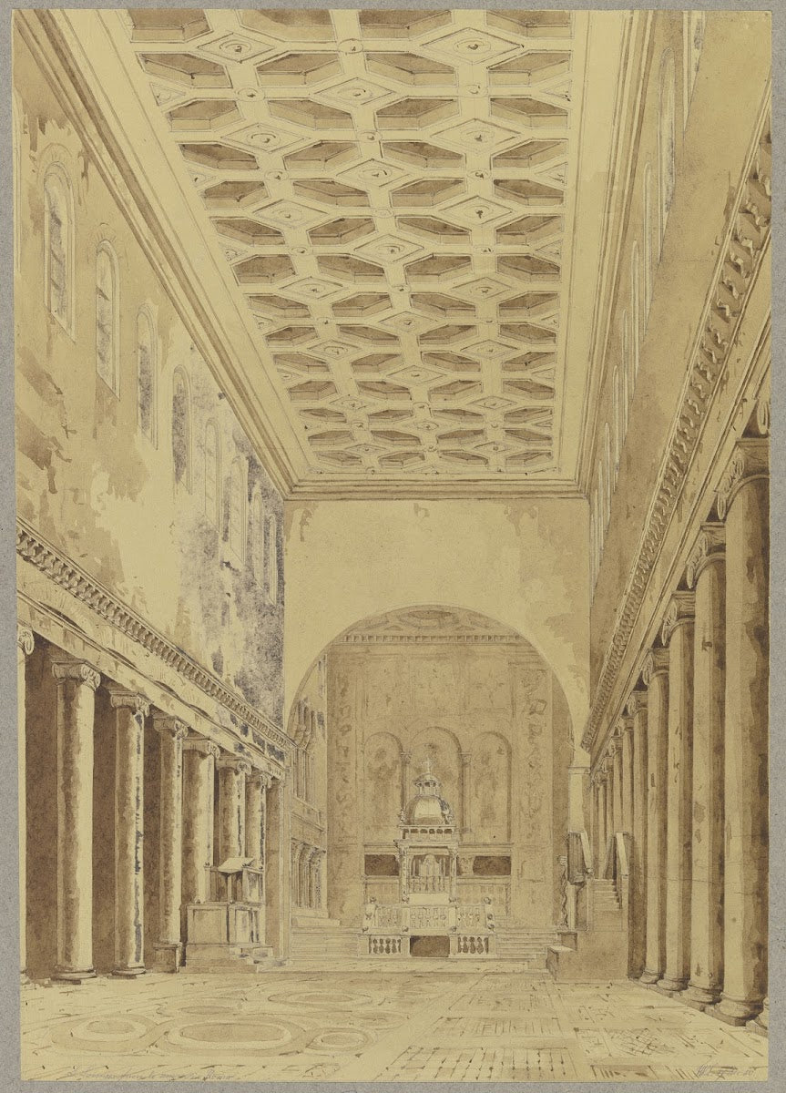 Blick durch das Mittelsschiff zum Altar von S Lorenzo fuori le mura in Rom 1850