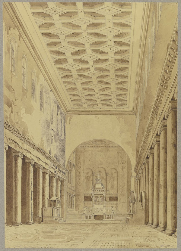 Blick durch das Mittelsschiff zum Altar von S Lorenzo fuori le mura in Rom 1850
