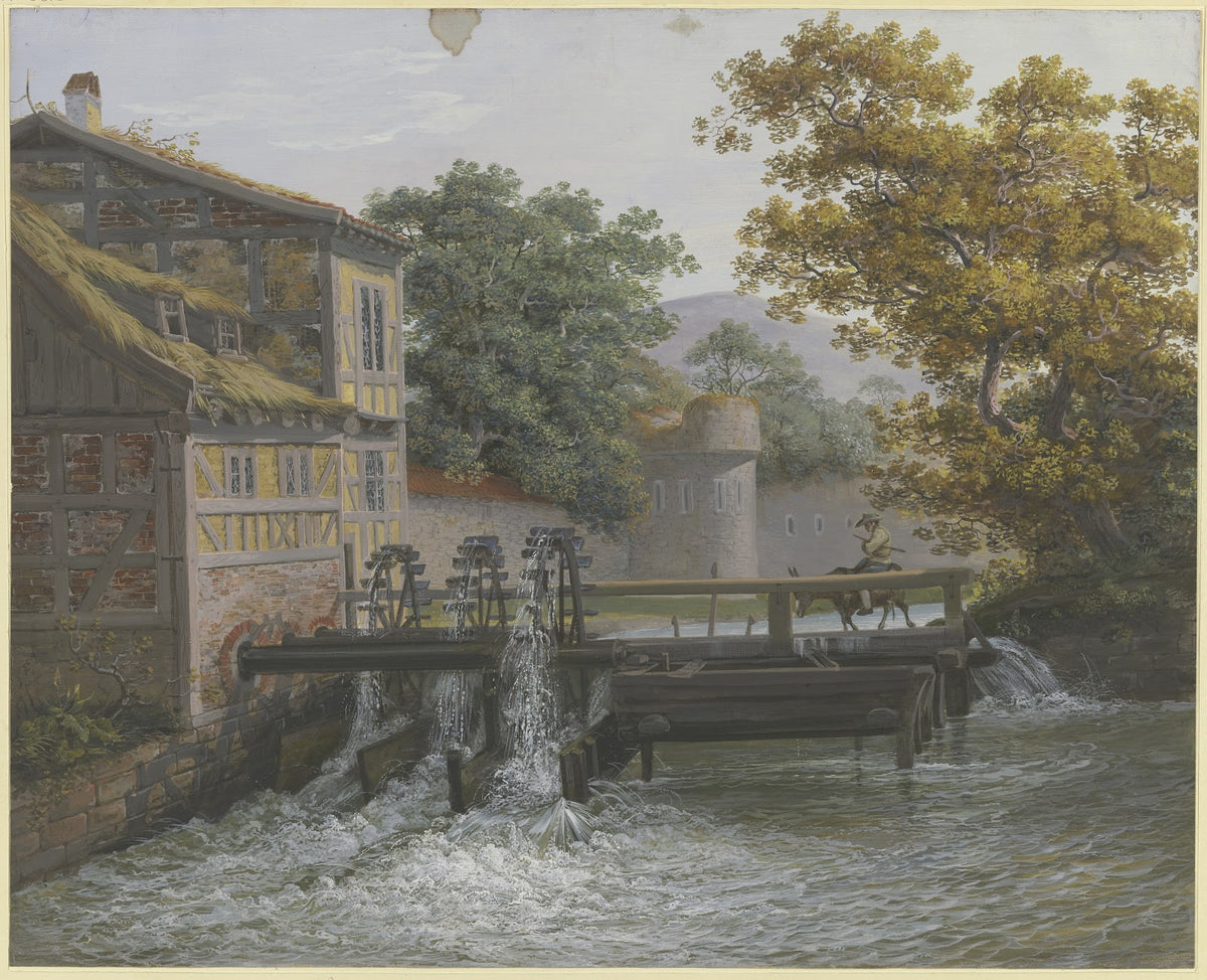 Eine Mühle mit drei Gängen auf der Brücke ein Mann auf einem Esel