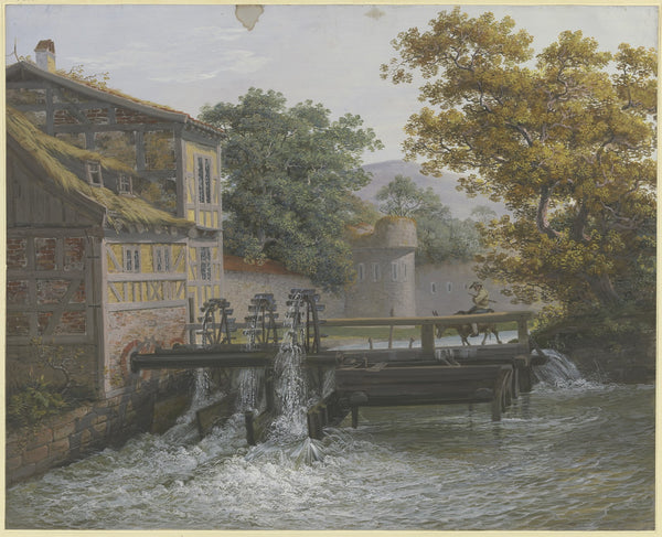 Eine Mühle mit drei Gängen auf der Brücke ein Mann auf einem Esel