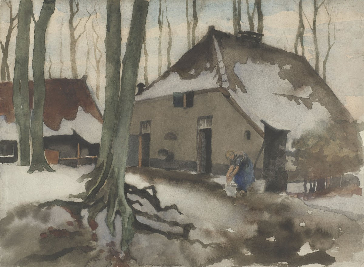 Vrouw voor een huis in een besneeuwd bos 1870 1923