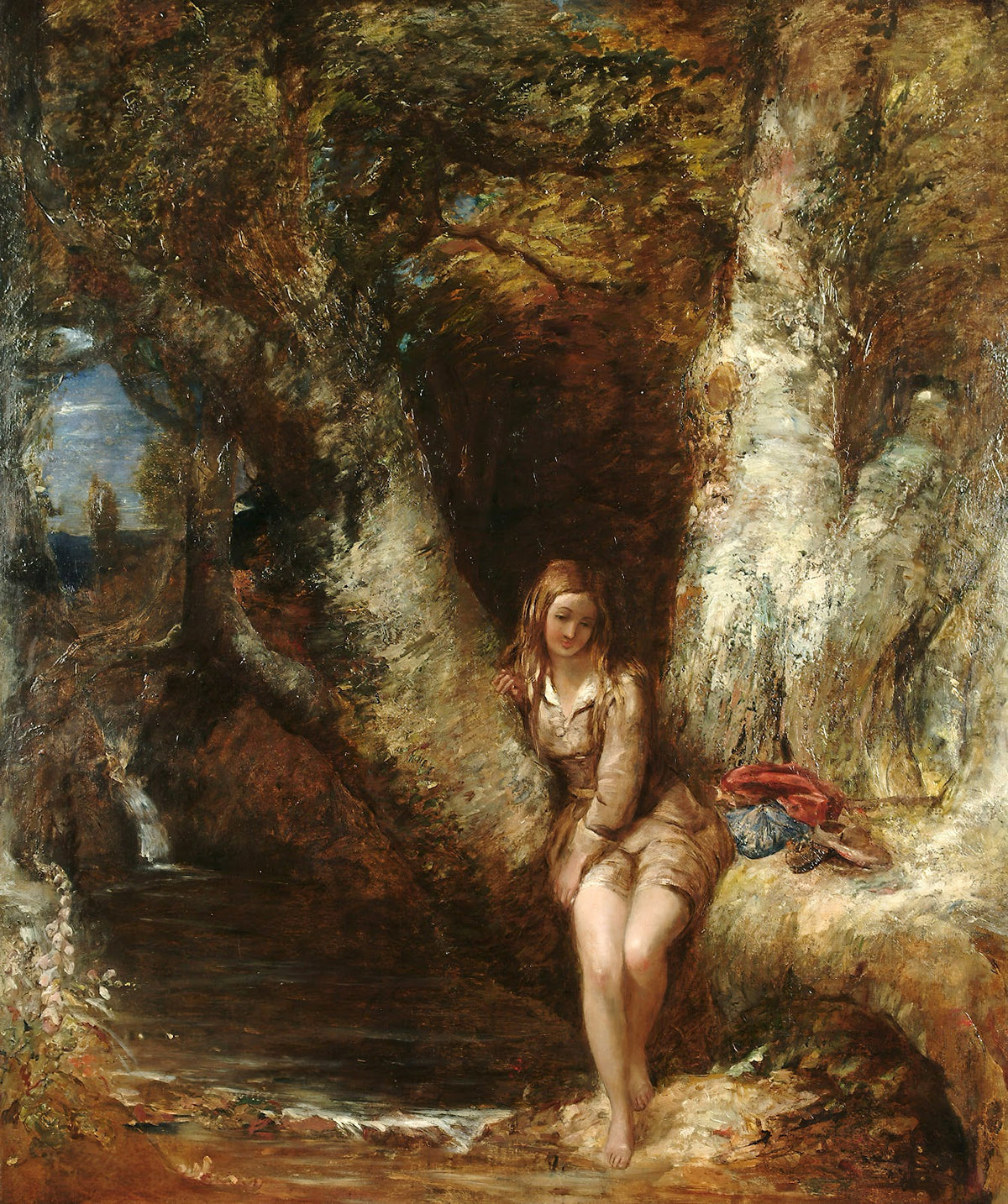 Girl Seated Before A Woodland Pool