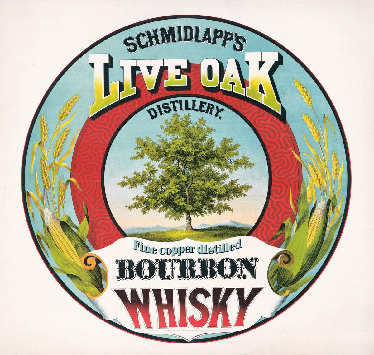 Schmidlapps live oak distillery fine copper distilled bourbon whisky c1872