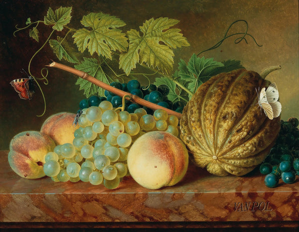 Fruit still life with a wasp and butterflies