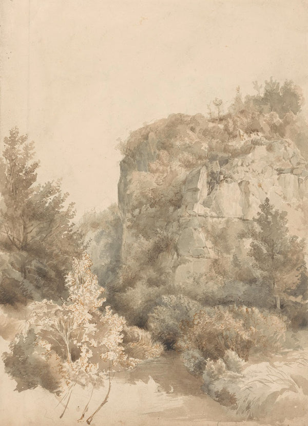 Begroeid dal met een hoge rots en een beek 1827 1897