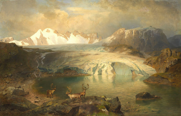 Fjordlandschaft mit Gletscher und Rentieren 1896