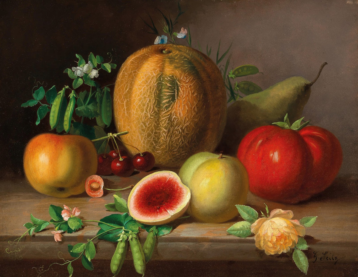 A Kitchen Still Life with Melon Tomato Apples Pears and Flowering Pea Pods
