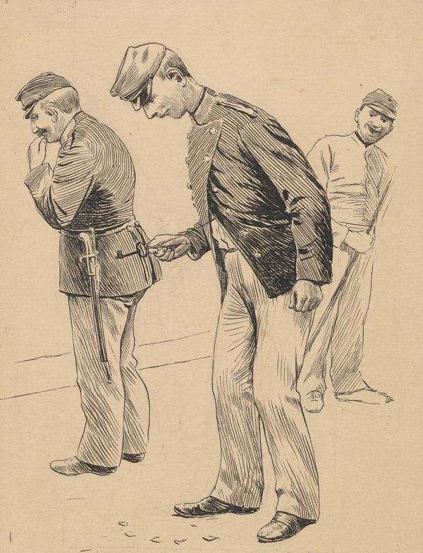 Two soldiers are walking around looking for something on the ground while a thir