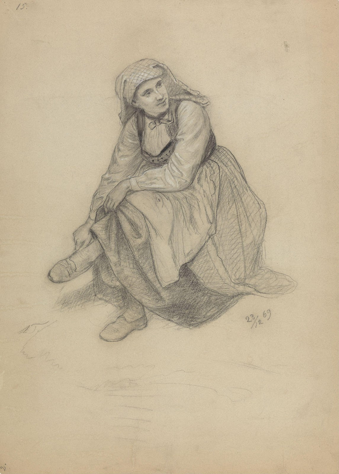 Sittende kvinne som tar av seg skoen 1869
