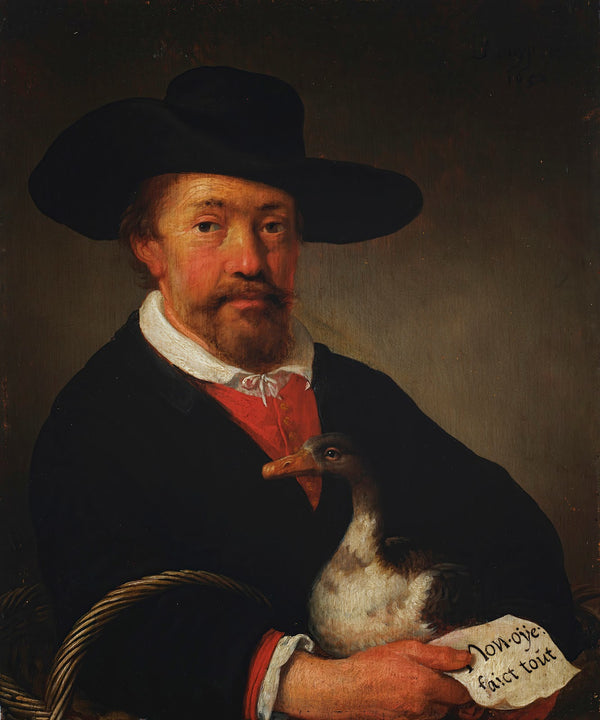 A man wearing a hat and holding a goose and letter 1652