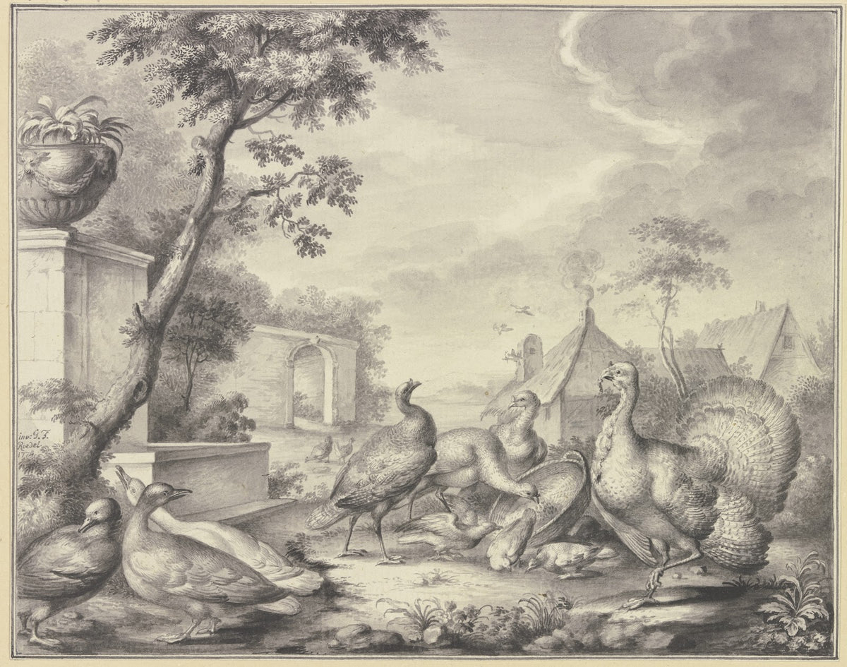 Truthahn und Tauben bei der Fütterung links drei Enten 1774
