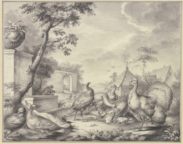 Truthahn und Tauben bei der Fütterung links drei Enten 1774