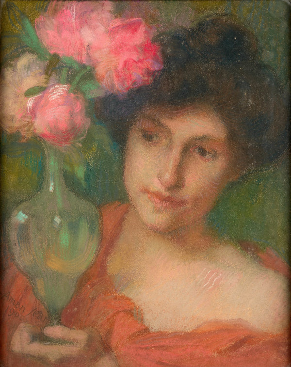 Woman with bouquet of peonies 1900