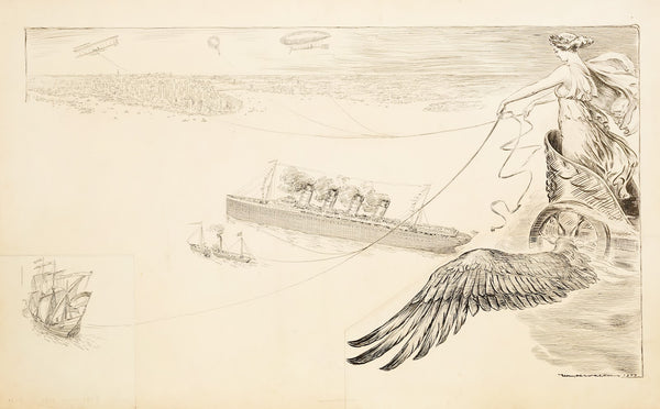 A woman in a winged chariot holds the reins to ships a plane a dirigible and a h