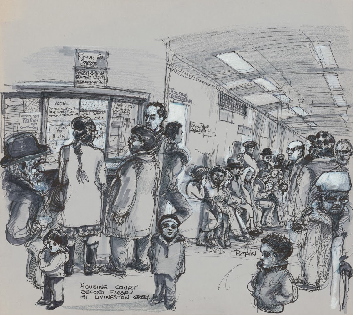 Interior view of a corridor at the Kings County Housing Court with many people o