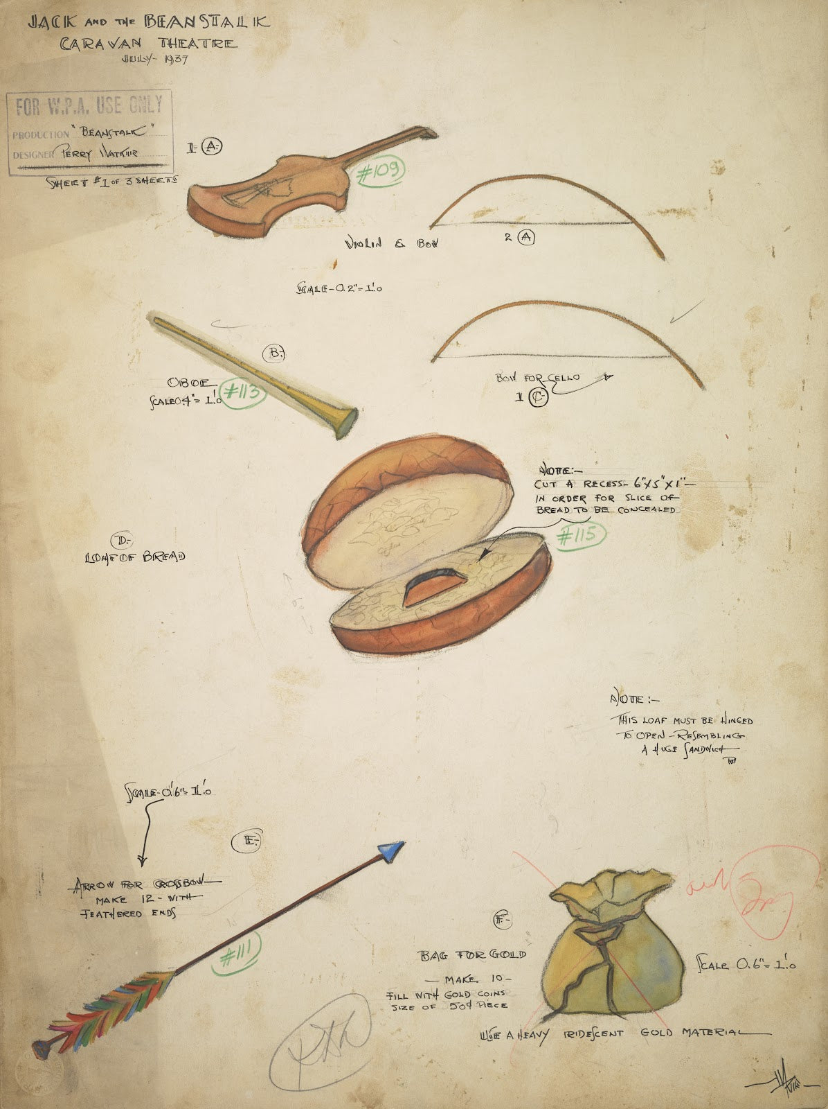 Jack and the Beanstalk Props Arrows Gold Bag Oboe Violin Bows Bread 1934 1943