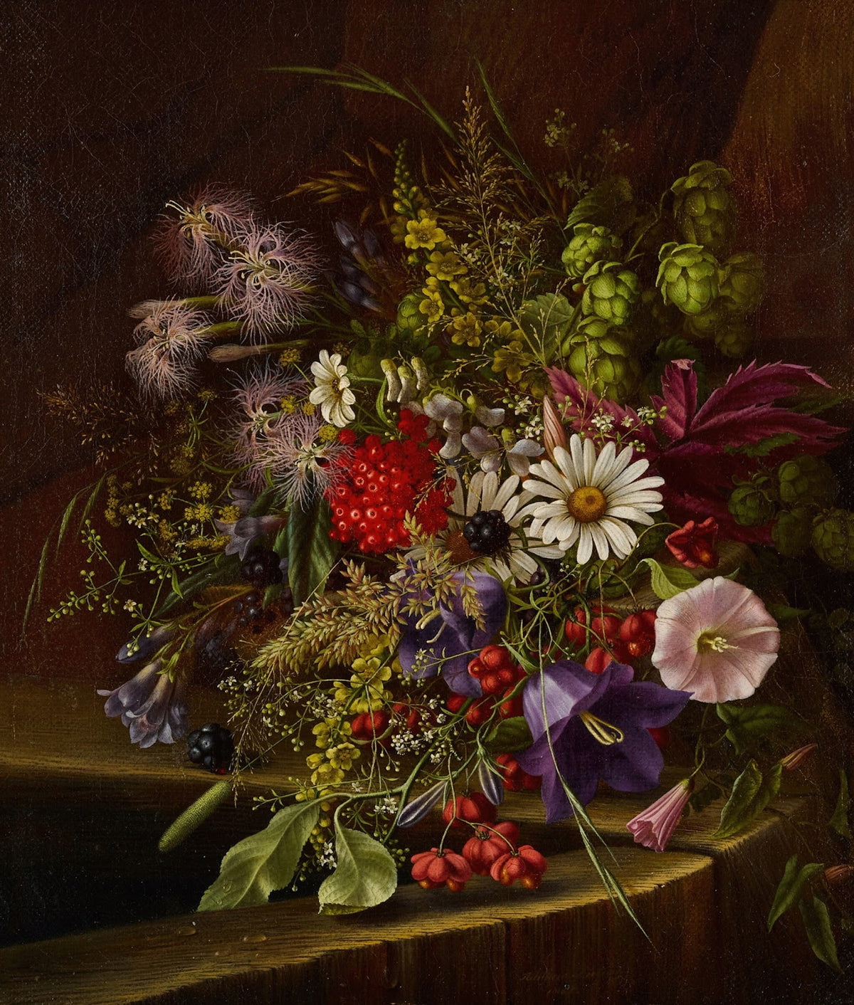 Morning Glory Daisies Red Currants and other Fruits and Flowers on a Ledge 1865
