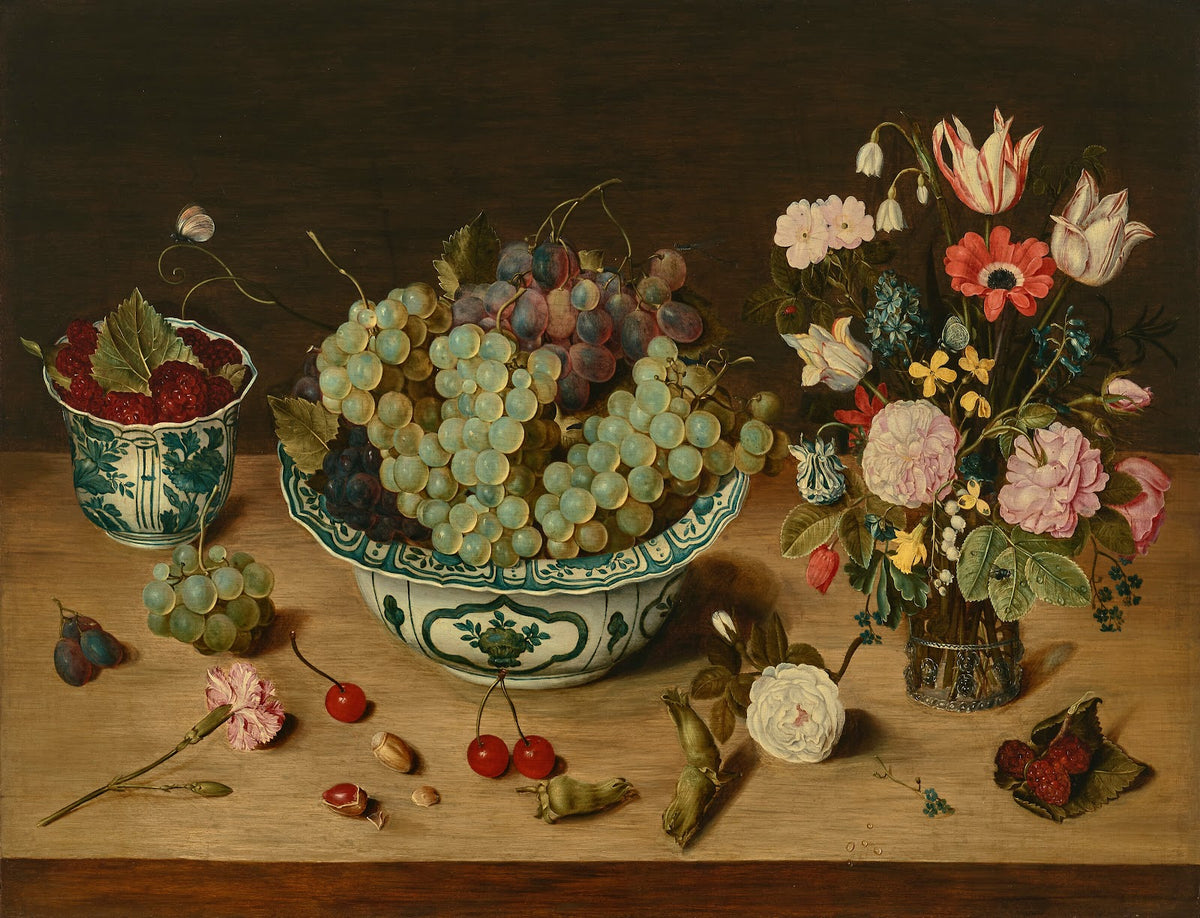 Grapes in a wan li porcelain kraak raspberries in a wan li beaker tulips roses a