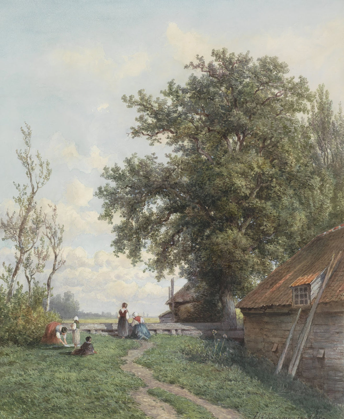 Boerenerf met enige figuren rechts een schuur en grote boom 1839 1904
