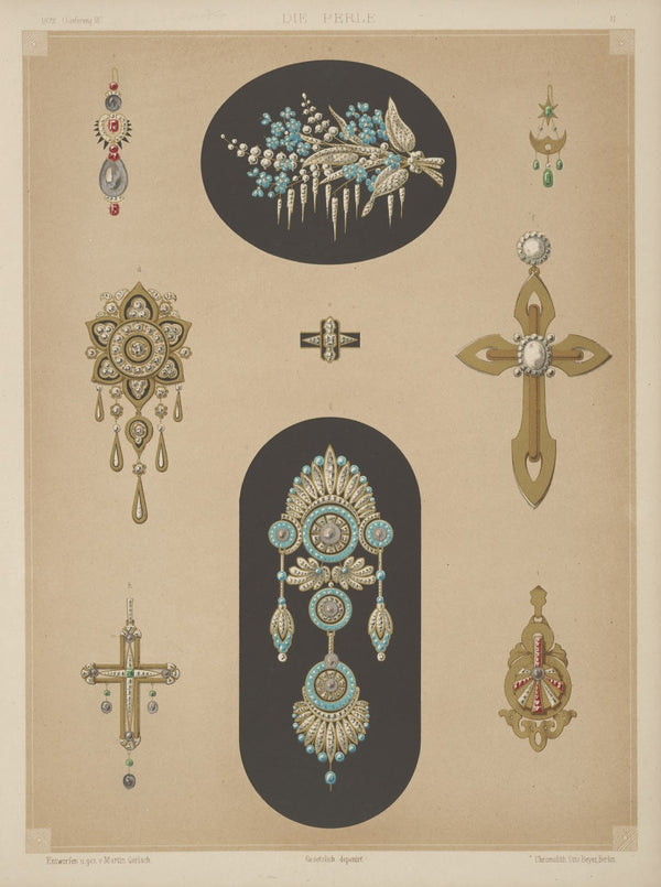 Nine Designs For Jewelry Including Two Large Pins With Blue Stones And Diamonds