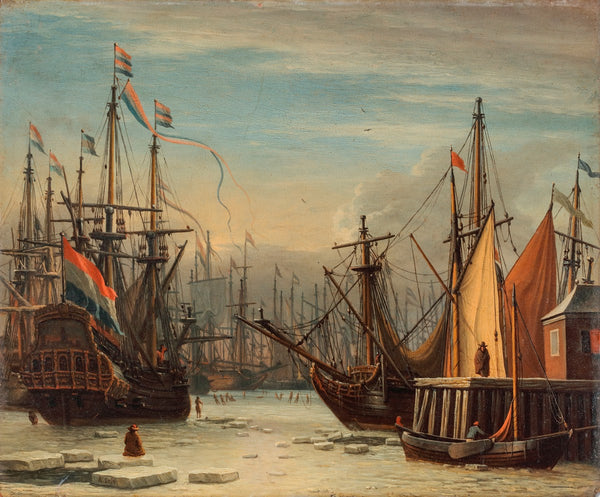 A view of the IJ harbour in winter Amsterdam with figures skating between the sh